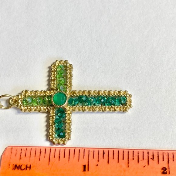 Vintage Gold Bead Cross Pendant Necklace Green Hand Beaded Plated 18" Christian - Picture 10 of 10